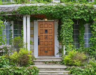 Elegant wooden front door of house surrounded by ivy