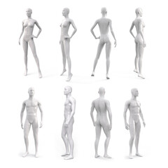 White plastic female and male mannequin for clothes. Side, front and back view. Commercial equipment for shop windows. 3d illustration isolated on a white background.