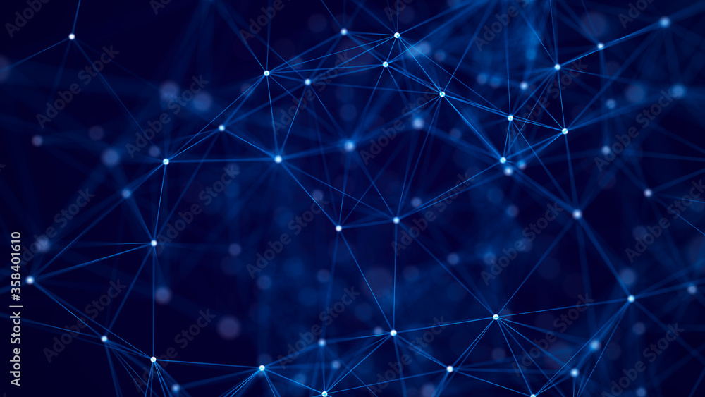 Poster Abstract background with interweaving of colored lines and dots. Network connection structure. Data exchange. 3D