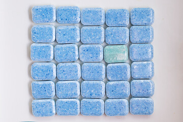 Natural ecological bio tablets for a dishwasher from eucalyptus bright blue. Safe cleaning of dishes. Three in one: rinse aid, salt and detergent. Convenient and economical.
