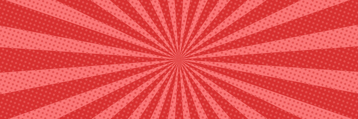 Vector background in comic book style with stripes and dots. Retro pop art design. Long horizontal banner.