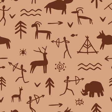 Vector seamless pattern with rock paintings of prehistoric humans, animals, weapons. Cave drawings of different symbols