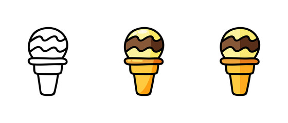 This is a set of icons with different style ice cream in a waffle cup. Contour and color ice cream symbols in a waffle cup. Freehand drawing. Stylish web site solution.