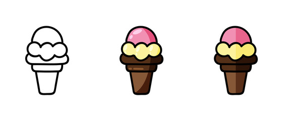 This is a set of icons with different style ice cream in a waffle cup. Contour and color ice cream symbols in a waffle cup. Freehand drawing. Stylish web site solution.