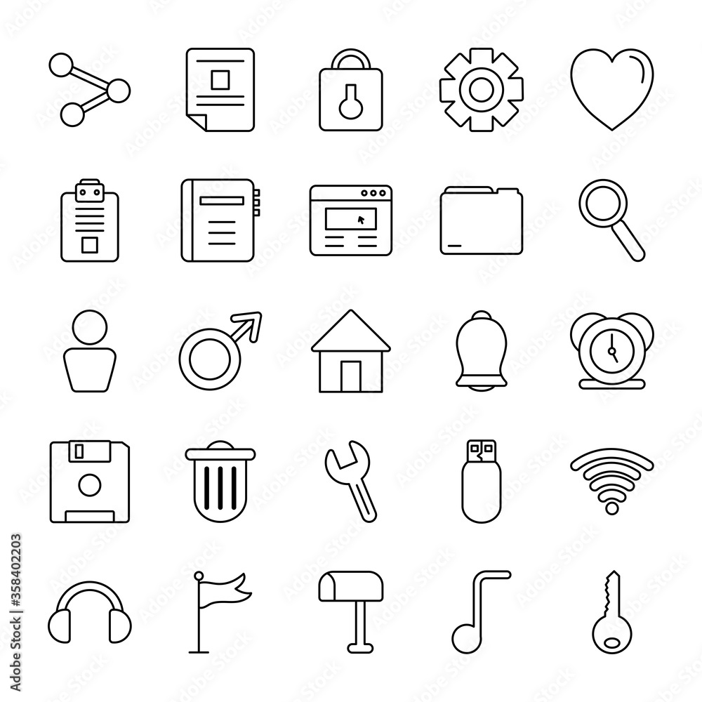 Poster alarm clock and web symbols icon set, line style