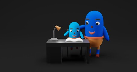 Cute Character of Child Learning at Desk with parent. 3D Illustration at dark background