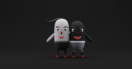 Cute Character White And Black People Hugging each other live in Equality. 3D Illustration for Anti Racist at dark background with space for text