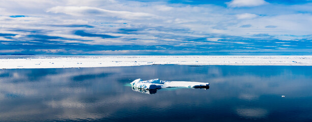 Fototapeta na wymiar Blue sky and Ice pieces on the water in Arctic