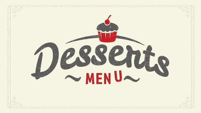 original desserts menu identity brand concept with vintage cupcake graphic over youthful calligraphy over cream background