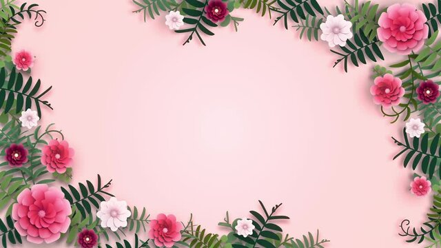 Pink Flower frame appearing composition. Leaves, flowers grow and bloom. Dynamic, bright roses or peonies pattern. 3D Render. Mother Day animated celebrative template. Abstract Spring, Summer 4K clip