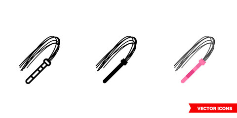 Sex leather whip icon of 3 types. Isolated vector sign symbol.
