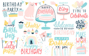 Happy Birthday lettering set. Hand drawn letterings and other elements - cakes, gifts, masks, candles, balloons.