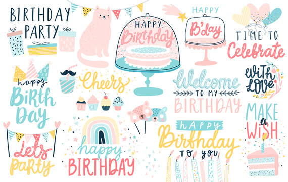 Happy Birthday lettering set. Hand drawn letterings and other elements - cakes, gifts, masks, candles, balloons.