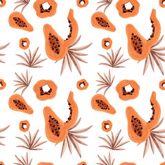 Square seamless pattern with papaya fruit, tropical leaf. Textural watercolor digital art on a white background. Banner print, social media post, packaging, wrapping paper, textile, fabric
