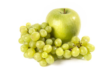 Green grapes and green apple on a white background.