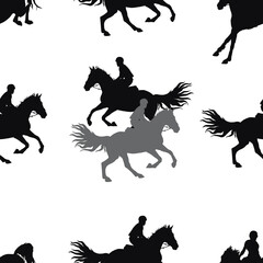 silhouettes of sports horses and riders isolated on a white seamless background