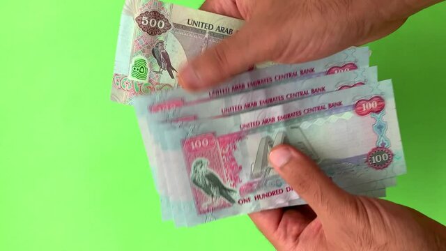 UAE national currency.  Man is counting dirhams paper money on green background. 
