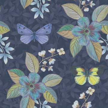 Watercolor seamless botanical pattern. Butterflies and flowers, composition for design and print. Delicate watercolor pattern. © Sergei