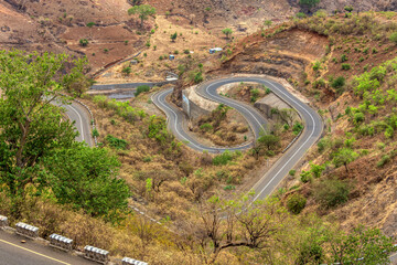 winding road in Semien, Simien Mountains National Park landscape in Northern Ethiopia. Africa countryside wilderness, Sunny day with blue sky