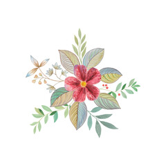 Watercolor flowers with leaves isolated on a white background. Floral composition for design. Flowers drawn for print, cards, invitations, wrapping paper.