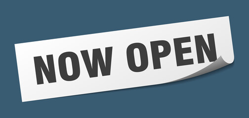 now open sticker. now open square isolated sign. now open label