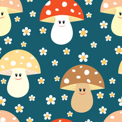 Seamless pattern with mushrooms and flowers. It can be used for wallpapers, cards, patterns for clothes and other.