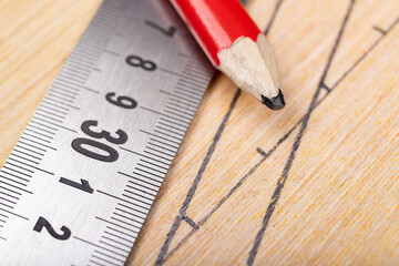 Wood cutting line drawing. Small carpentry work in a home workshop.
