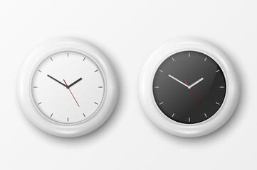 Vector 3d Realistic Simple Round Wall Office Clock Set. White and Black Dial. Closeup Isolated on White Background. Design Template, Mock-up for Branding, Advertise. Front or Top View