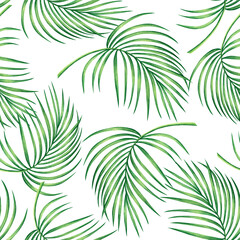 Fototapeta na wymiar Watercolor painting coconut,banana,palm leaf,green leaves seamless pattern background.Watercolor hand drawn illustration tropical exotic leaf prints for wallpaper,textile Hawaii aloha jungle style.