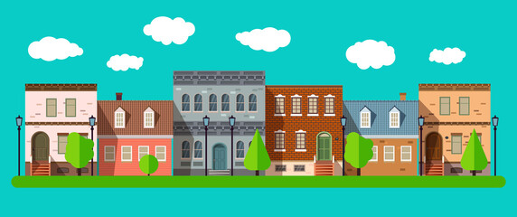 Obraz premium Flat design urban landscape summer in a city illustration. Small cute old style houses in flat style, summer in the city. Vector illustration EPS 10