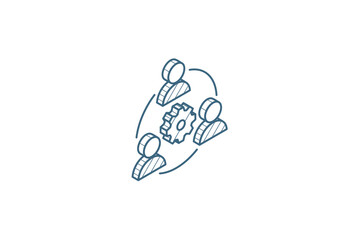 Teamwork, mans and cog isometric icon. 3d line art technical drawing. Editable stroke vector