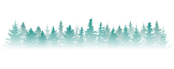 Silhouette of fog forest, panorama. Isolated Christmas tree (fir) in misty forest on white background. Vector illustration