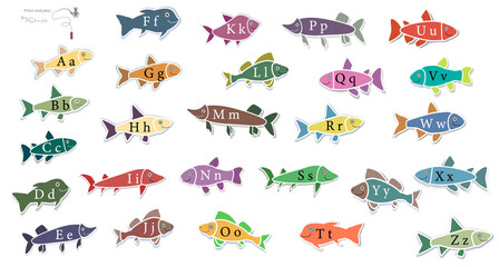 English alphabet. Simple game. Print and play. Education. Letters. Fishing. Learning alphabet game. Isolated fishes. Vector stock illustration. Different types of fish.