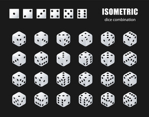 Isometric dice. Set of isometric dice combination. White poker cubes vector isolated