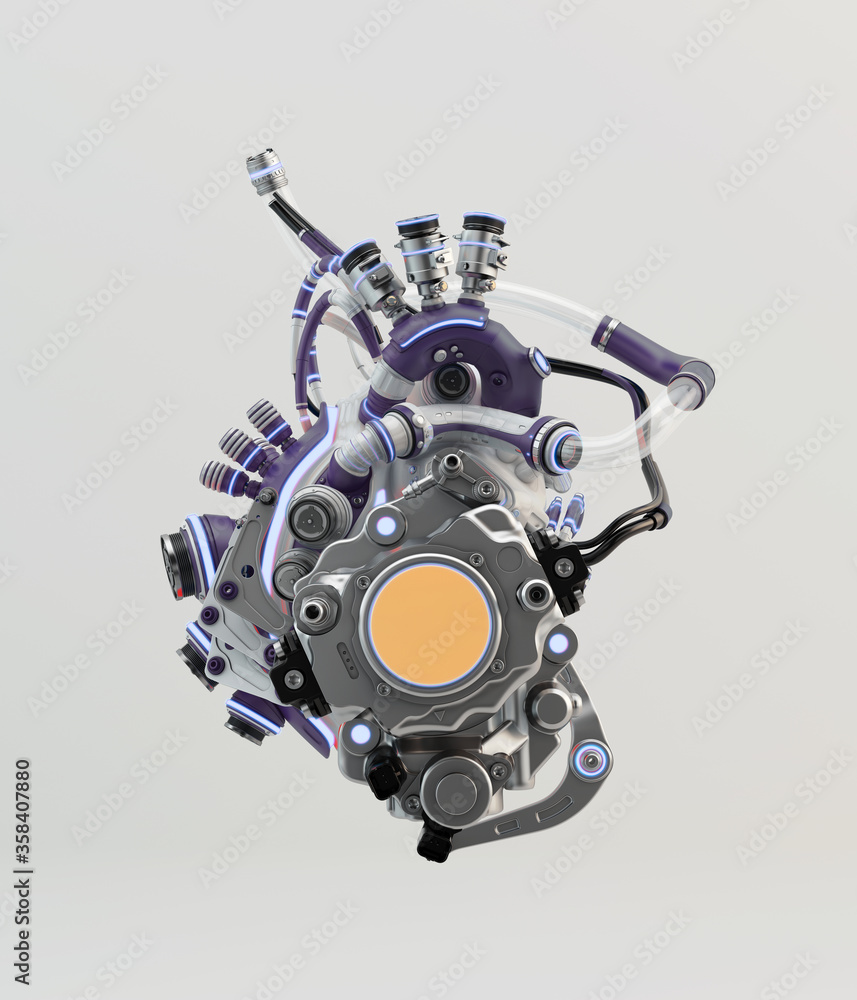 Poster futuristic artificial heart with aubergine parts 3d rendering of robotic heart organ on light backgr