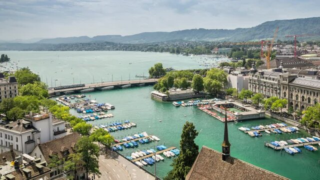 Aerial view of  Zurich lake and Limmat river in Zurich, Switzerland. Time lapse video.