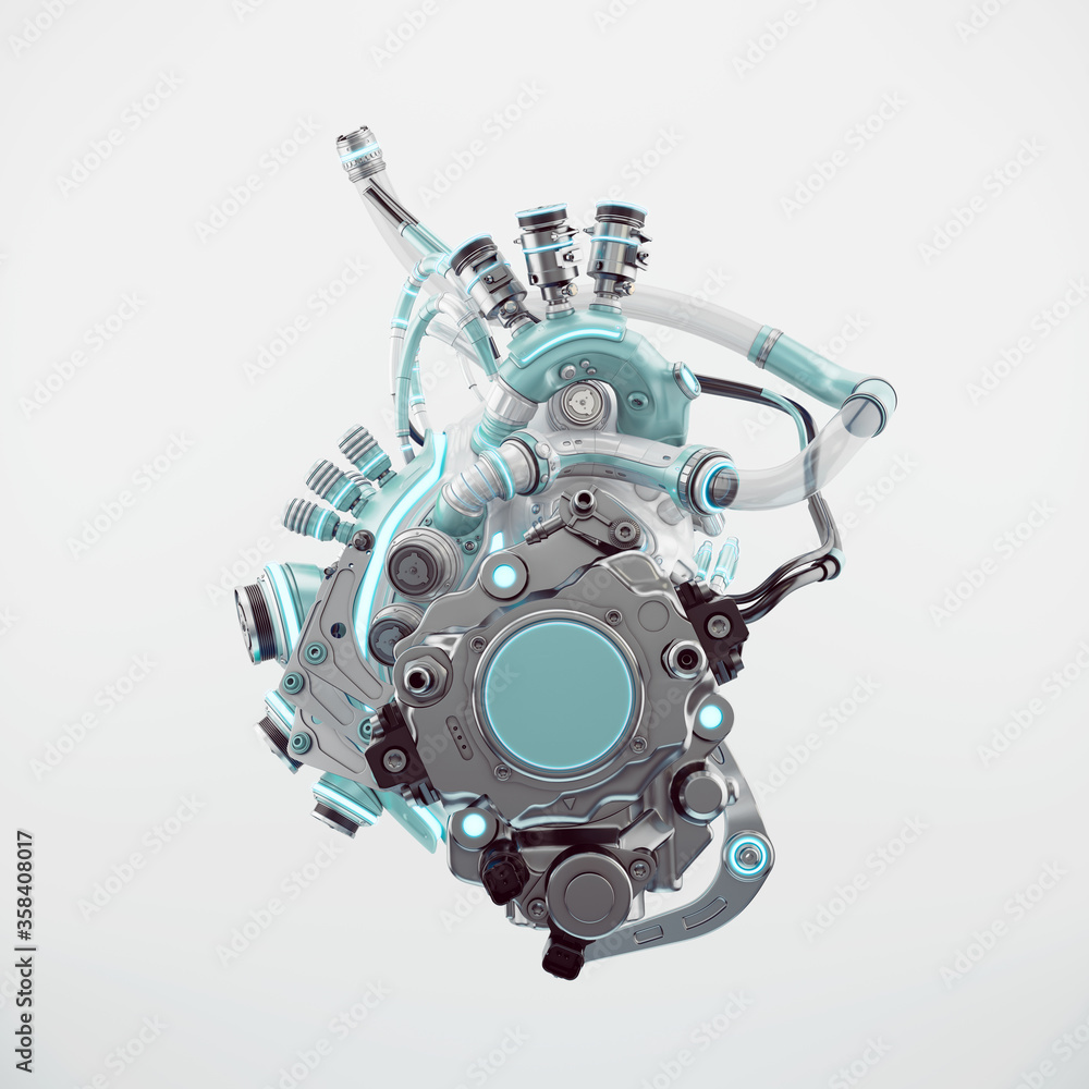 Poster futuristic artificial heart. 3d rendering of robotic heart organ on light background