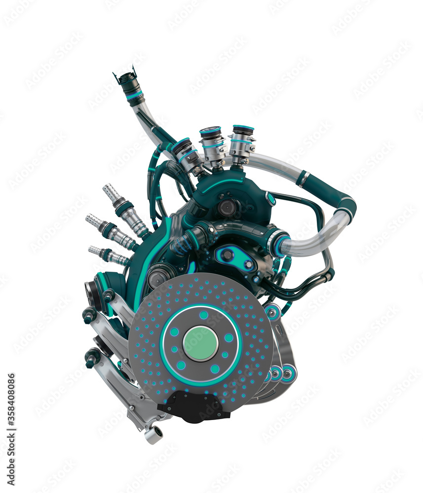 Aufkleber metal artificial heart with deep green matte parts. 3d rendering of robotic heart organ on light bac