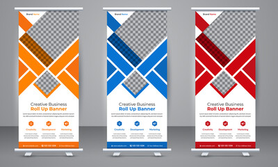 Corporate business Roll up stand banner template design with three color variation. Standee Design, Brochure Flyer, Annual Report, Background, Magazine, Poster, X banner, Flag Banner Design.