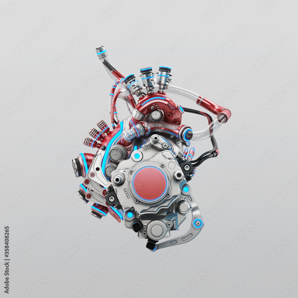 Poster futuristic artificial heart. 3d rendering of robotic heart organ on light background
