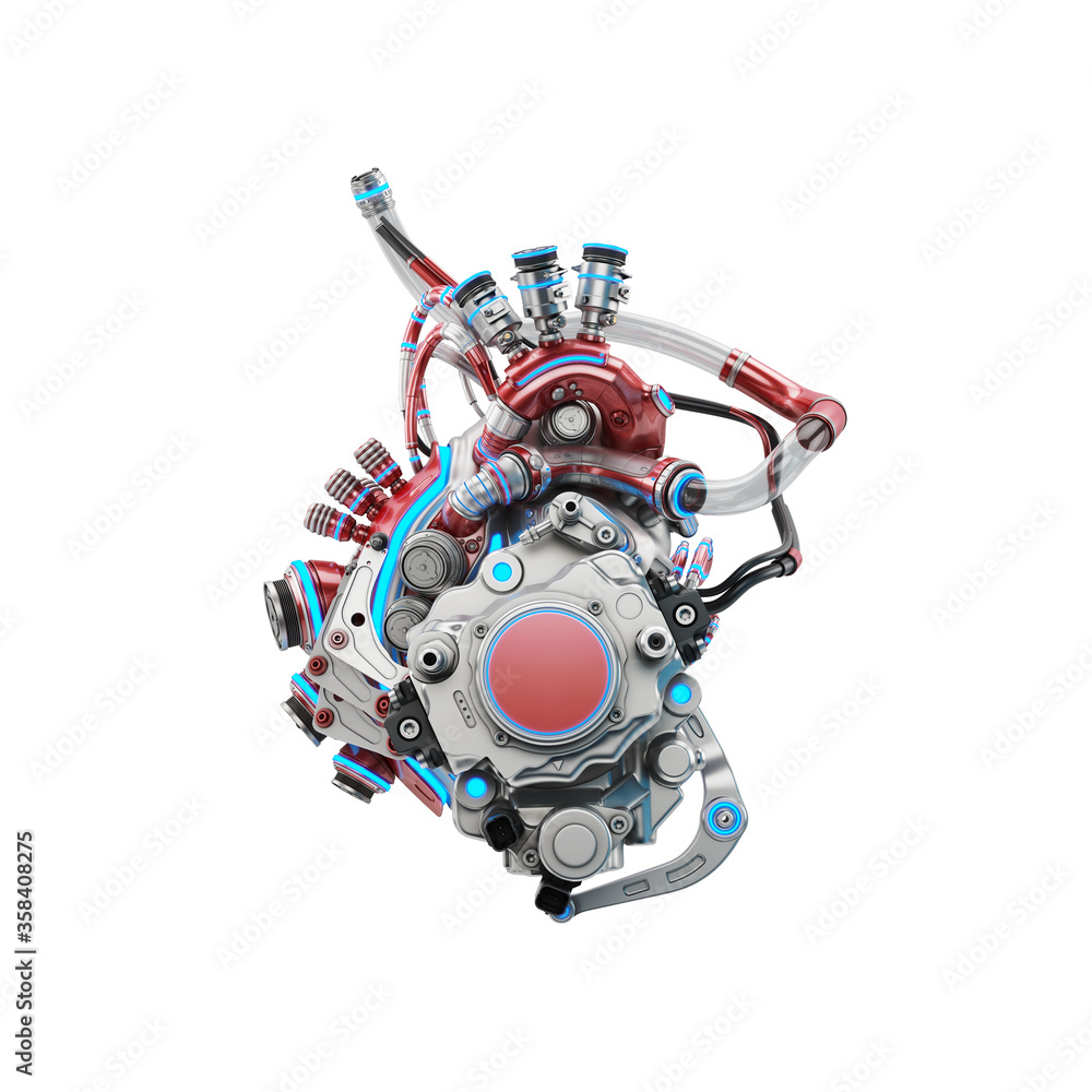 Poster futuristic artificial heart. 3d rendering of robotic heart organ on light background