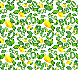 Seamless background with green leaves, lemons and Eco word composition. Watercolor background for textiles, packaging or bright Wallpaper on the theme of nature and ecology. 