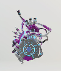 Metal artificial heart with aubergine parts. 3d rendering of robotic heart organ on light background
