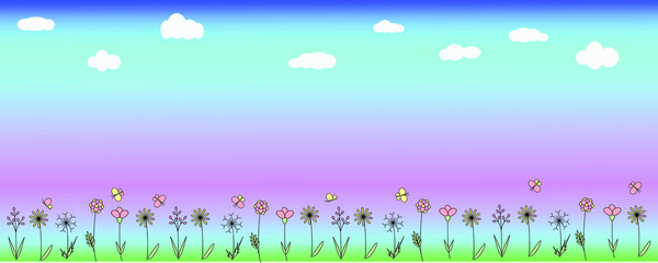 Panoramic vector background with abstract flowers, clouds. Delicate vector background.