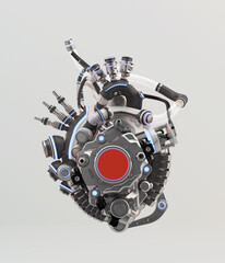 Steel robotic heart, futuristic replacement organ, 3d rendering on grey background