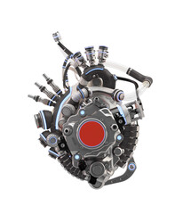 Steel robotic heart, futuristic replacement organ, 3d rendering on white background