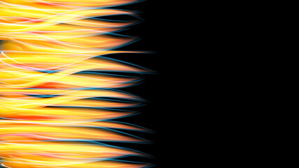 Beautiful bright motley yellow orange abstract energy magical cosmic fiery neon wall of lines and stripes, waves, flames on a black background and copy space. Vector illustration