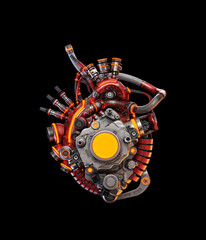 Steel robotic red heart with orange lighting, futuristic replacement organ, 3d rendering on black background