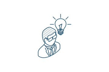 Scientist man idea isometric icon. 3d line art technical drawing. Editable stroke vector