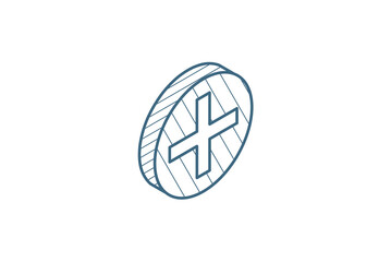 Plus Sign, positive isometric icon. 3d line art technical drawing. Editable stroke vector